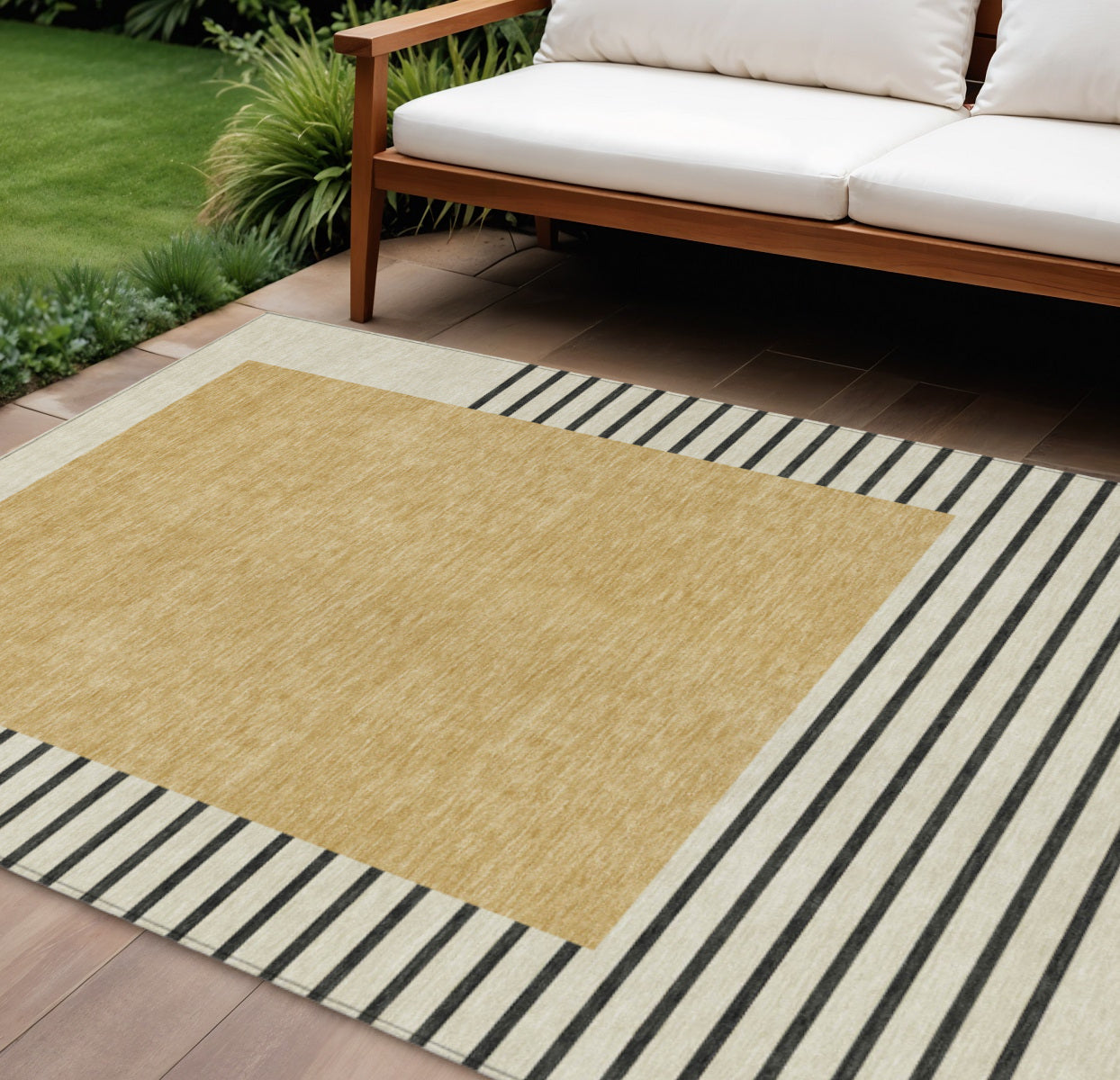 10 X 14 Gold Black And Beige Striped Washable Indoor Outdoor Area Rug