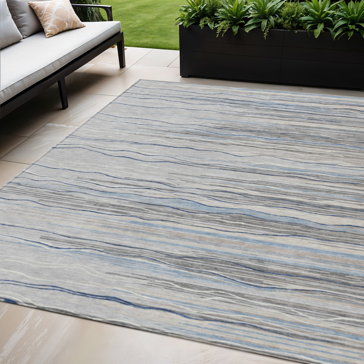 5 X 8 Gray Silver And Blue Striped Washable Indoor Outdoor Area Rug