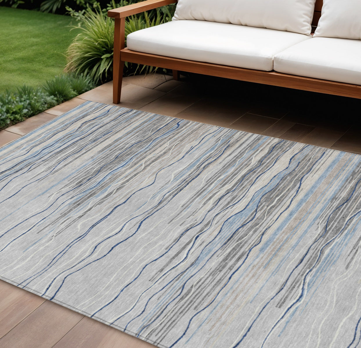 10 X 14 Gray Silver And Blue Striped Washable Indoor Outdoor Area Rug