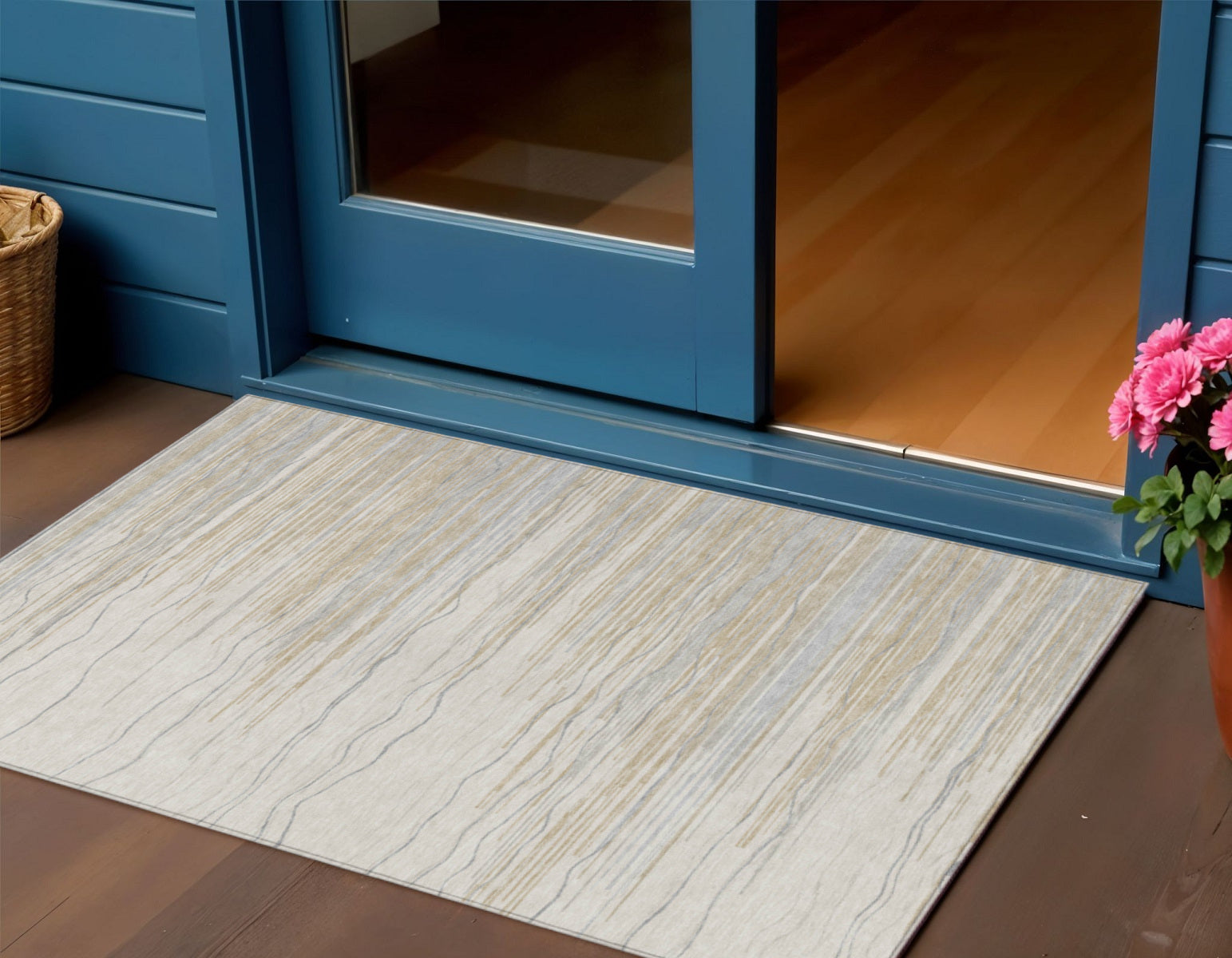 3 X 5 Linen Gray And Beige Striped Washable Indoor Outdoor Area Rug