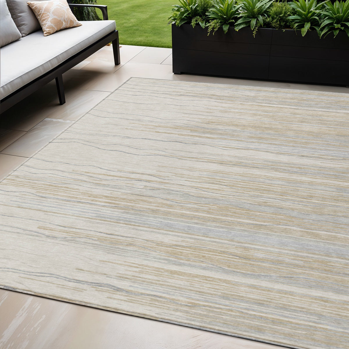5 X 8 Linen Gray And Beige Striped Washable Indoor Outdoor Area Rug