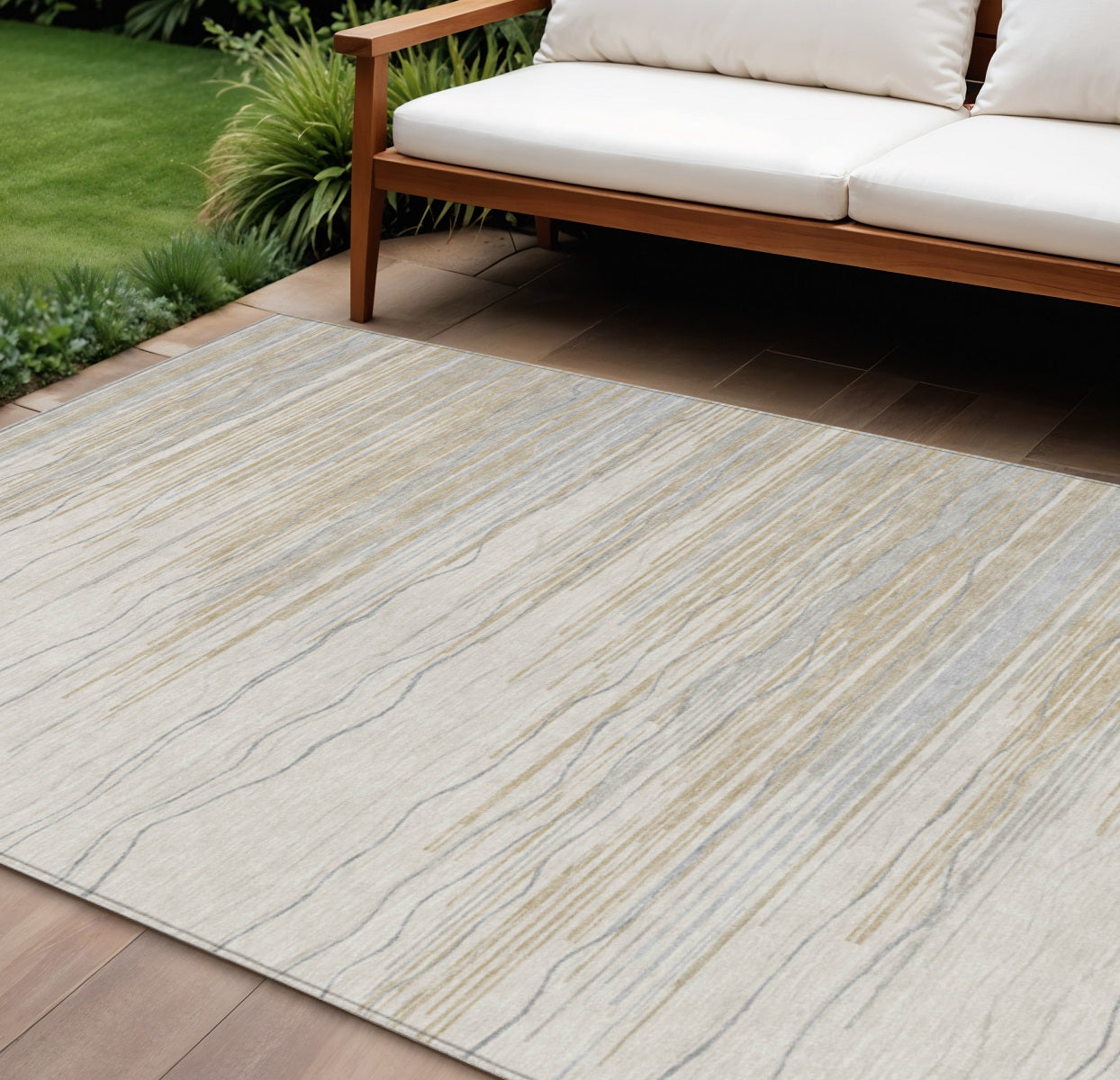 9 X 12 Linen Gray And Beige Striped Washable Indoor Outdoor Area Rug