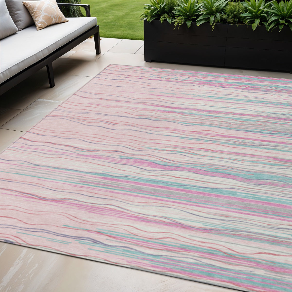 5 X 8 Pink Blue And Purple Striped Washable Indoor Outdoor Area Rug