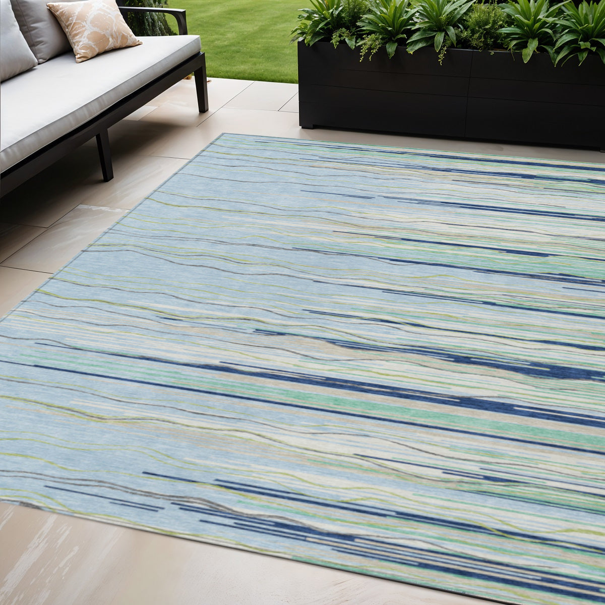 5 X 8 Sky Blue Aqua And Gray Striped Washable Indoor Outdoor Area Rug