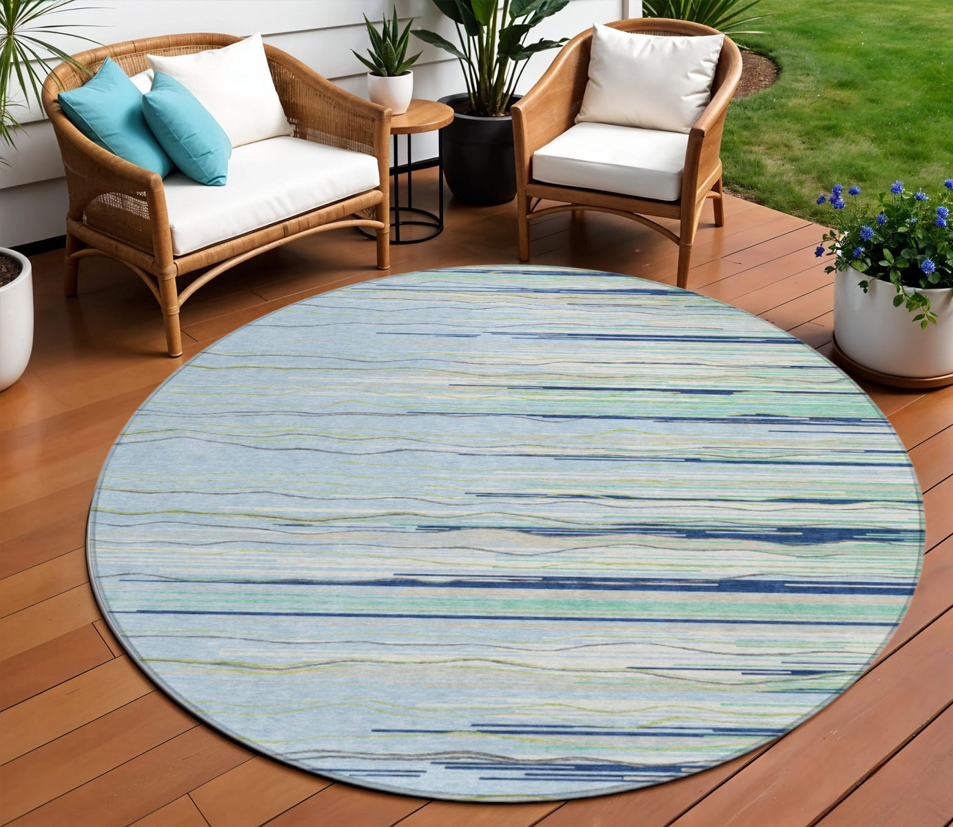 8 Sky Blue Aqua And Gray Round Striped Washable Indoor Outdoor Area Rug