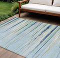 9 X 12 Sky Blue Aqua And Gray Striped Washable Indoor Outdoor Area Rug