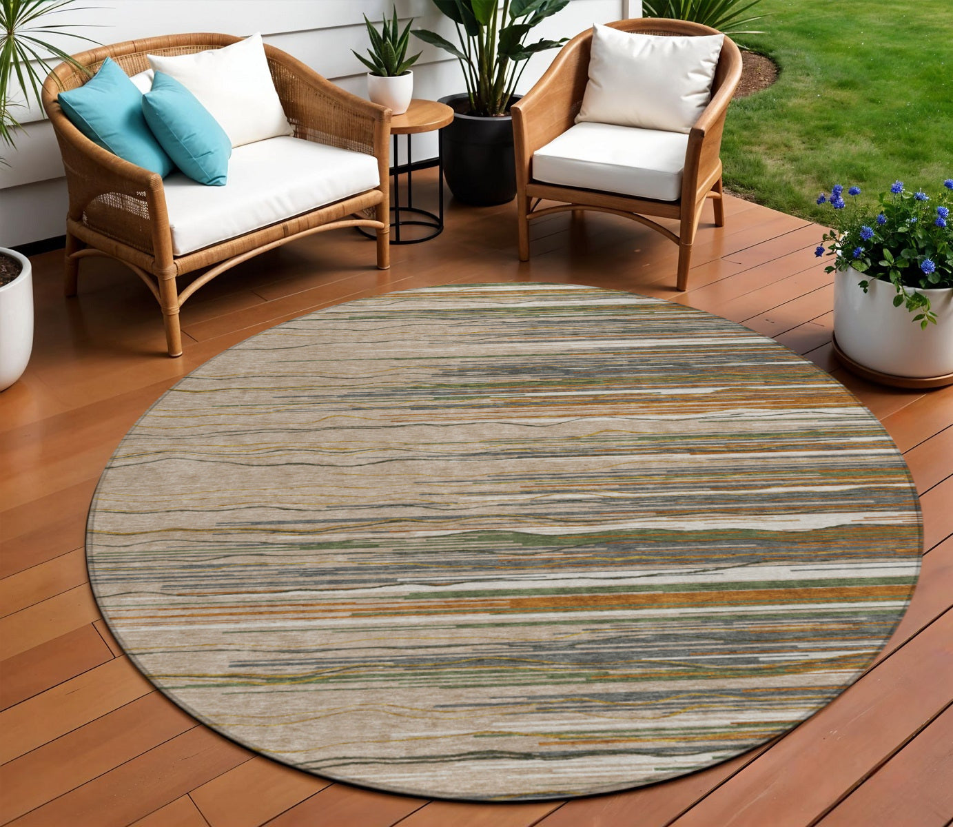 8 Taupe Copper And Green Round Striped Washable Indoor Outdoor Area Rug