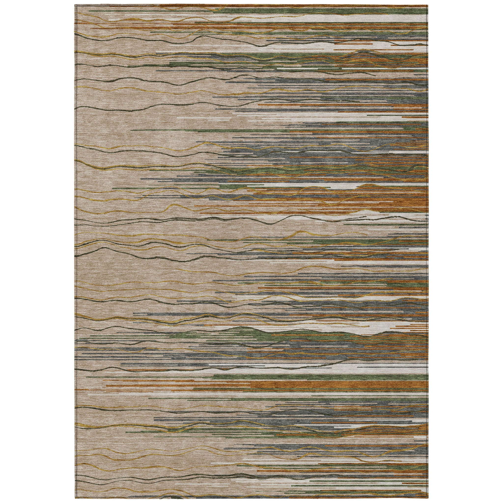 8 X 10 Taupe Copper And Green Striped Washable Indoor Outdoor Area Rug