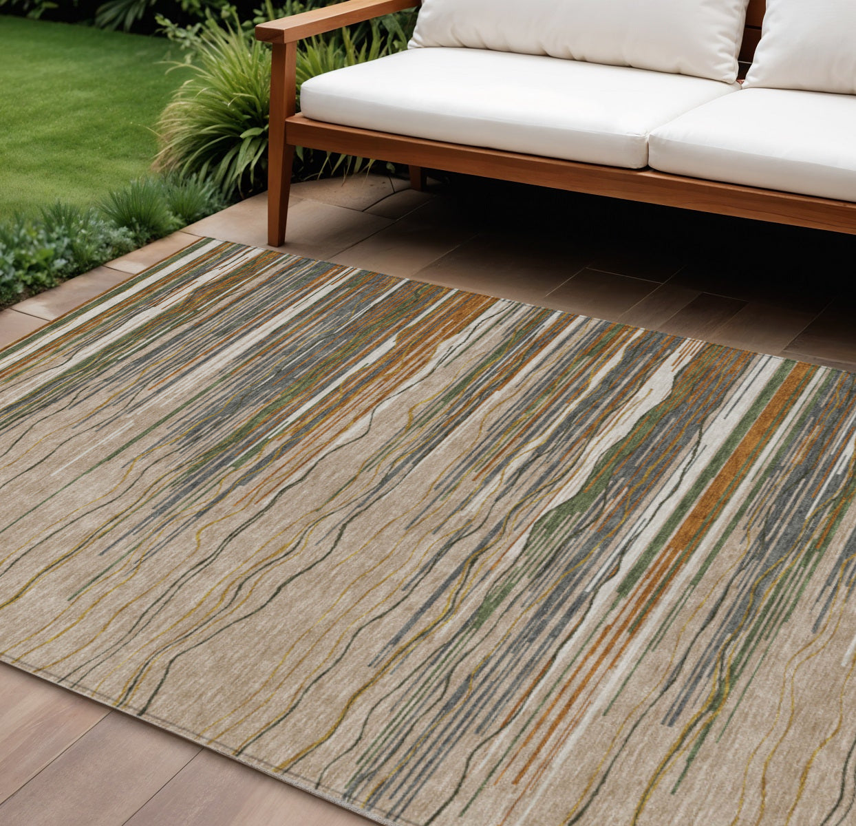 9 X 12 Taupe Copper And Green Striped Washable Indoor Outdoor Area Rug