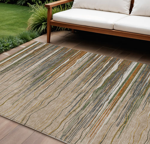 10 X 14 Taupe Copper And Green Striped Washable Indoor Outdoor Area Rug