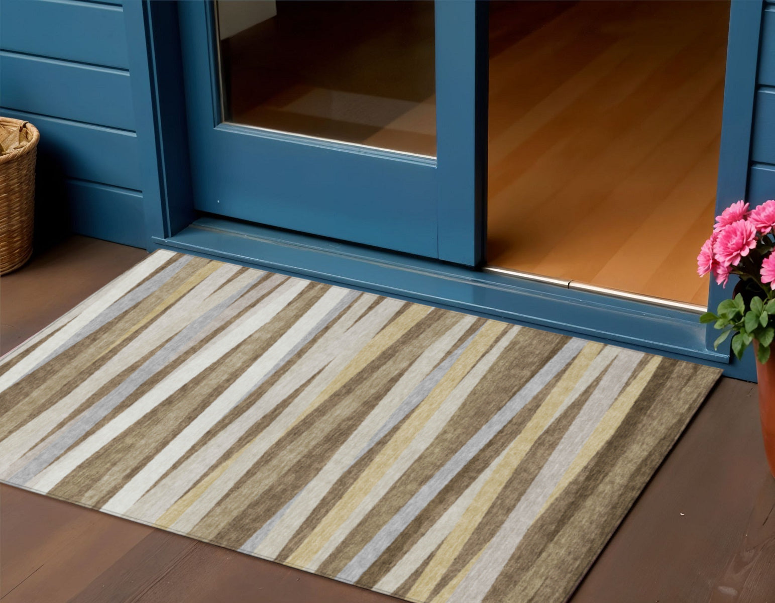3 X 5 Brown Beige And Gray Striped Washable Indoor Outdoor Area Rug