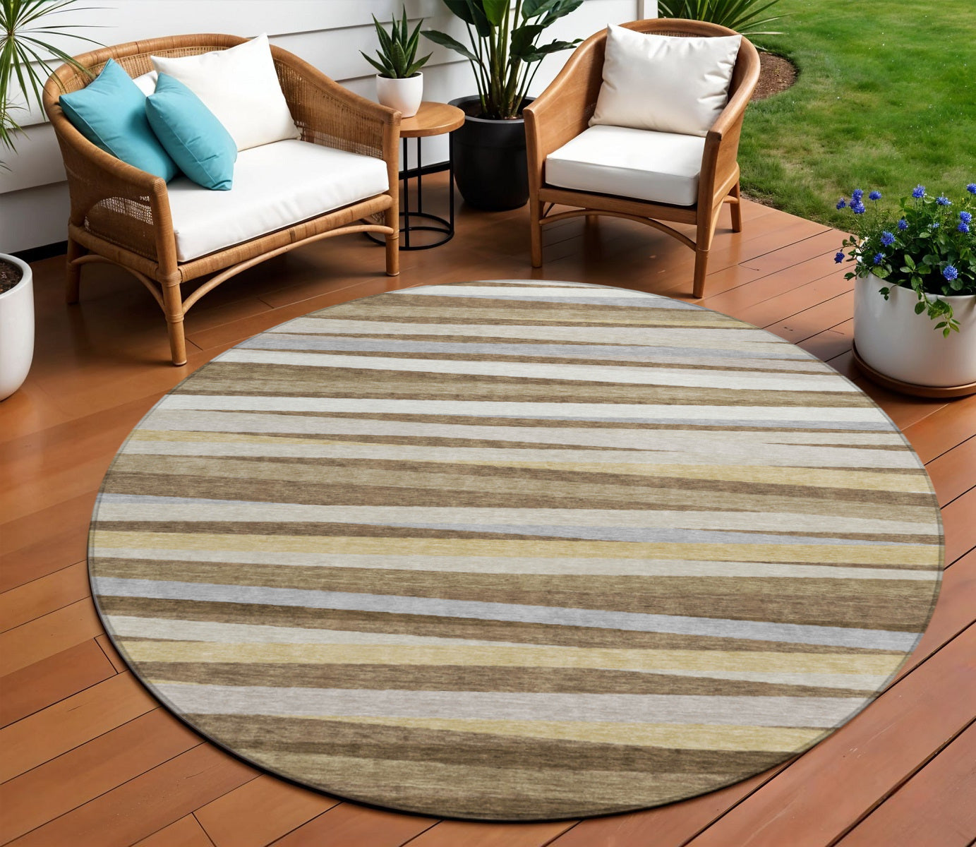 8 Brown Beige And Gray Round Striped Washable Indoor Outdoor Area Rug
