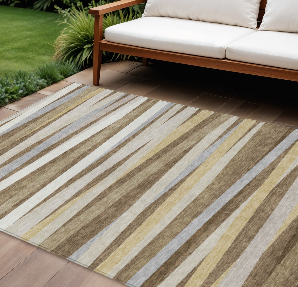 10 X 14 Brown Beige And Gray Striped Washable Indoor Outdoor Area Rug