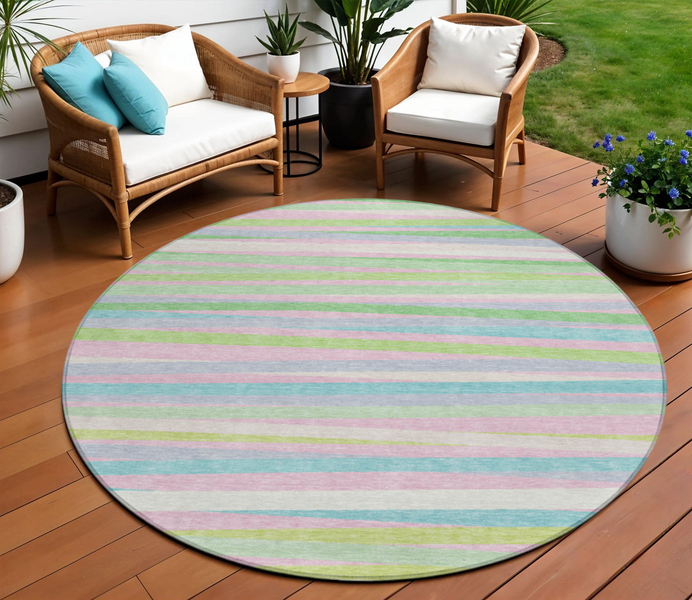 8 Mint Green Pink And Blue Round Striped Washable Indoor Outdoor Area Rug