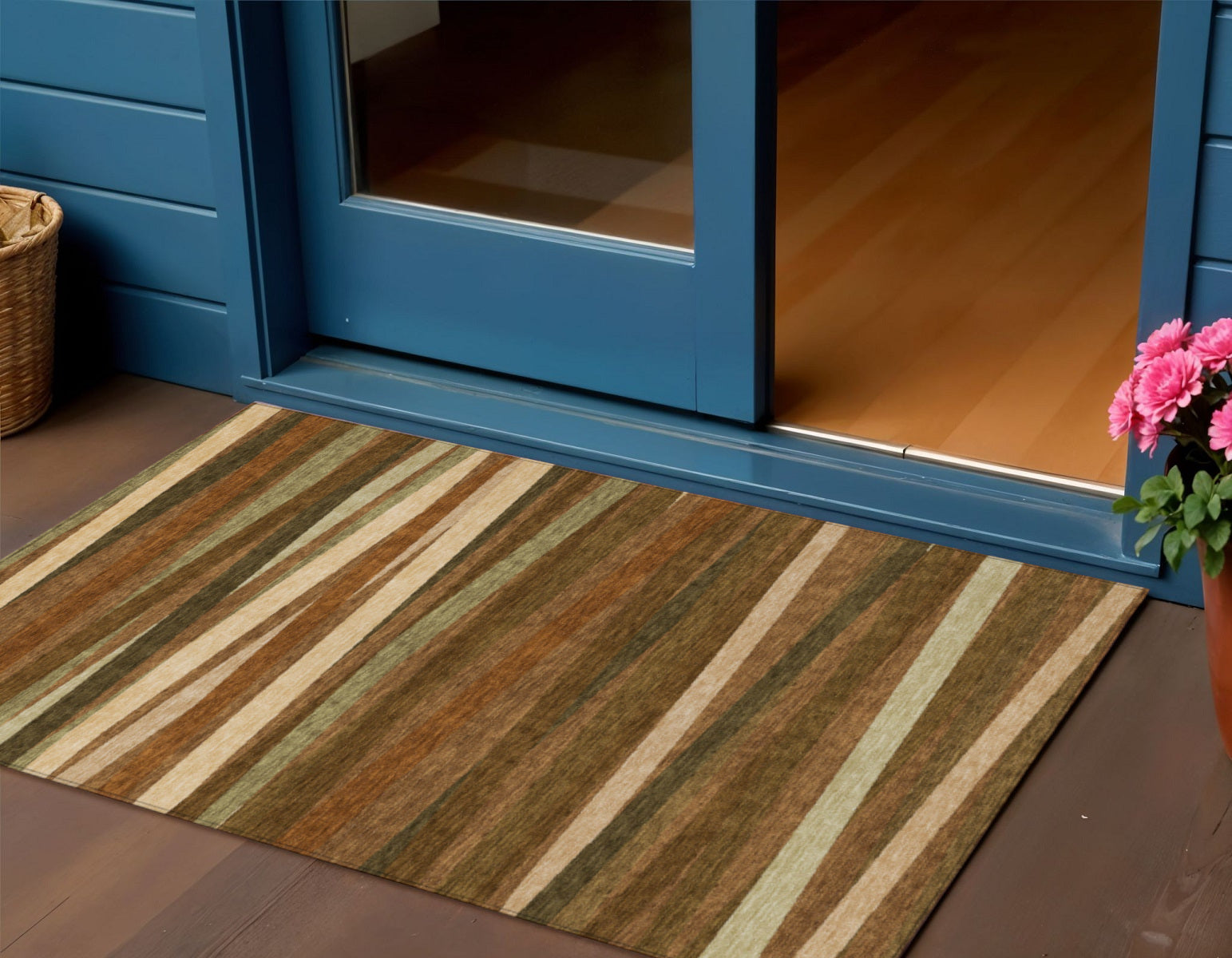 3 X 5 Brown Copper And Beige Striped Washable Indoor Outdoor Area Rug