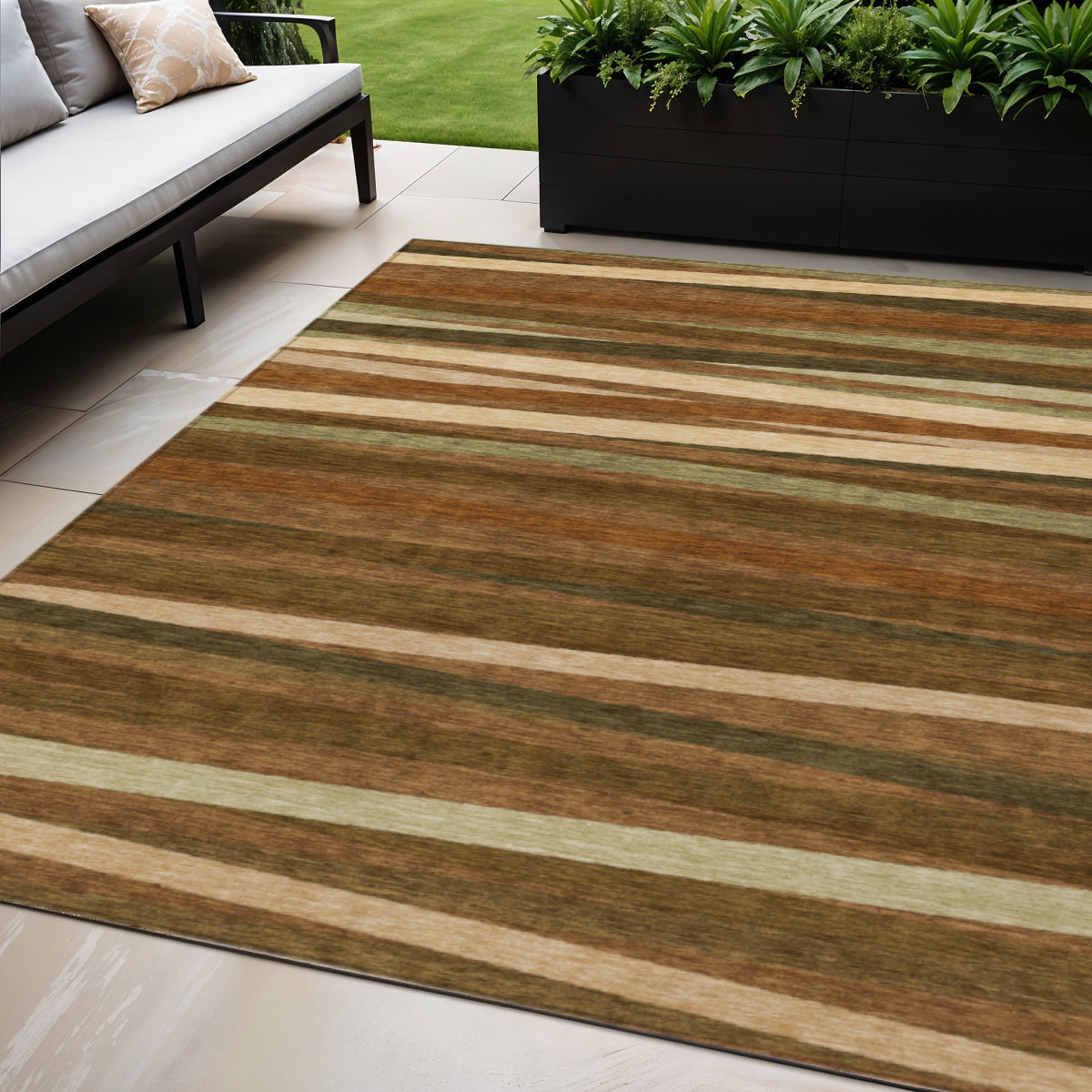 5 X 8 Brown Copper And Beige Striped Washable Indoor Outdoor Area Rug