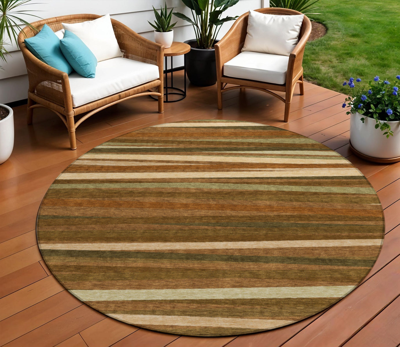 8 Brown Copper And Beige Round Striped Washable Indoor Outdoor Area Rug