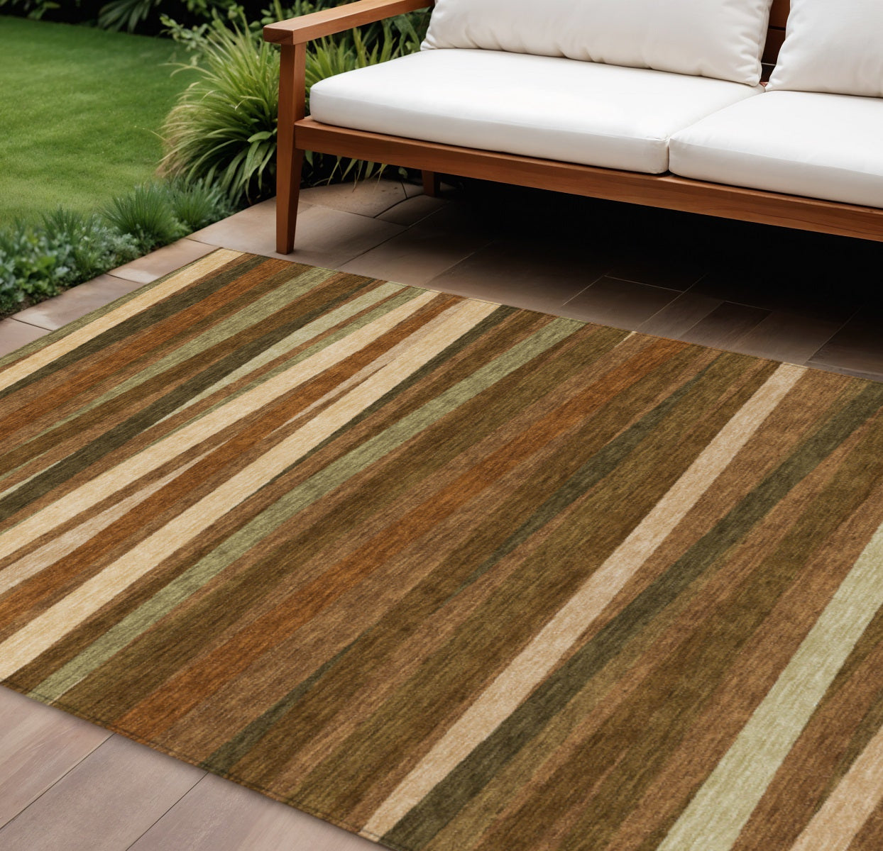 9 X 12 Brown Copper And Beige Striped Washable Indoor Outdoor Area Rug