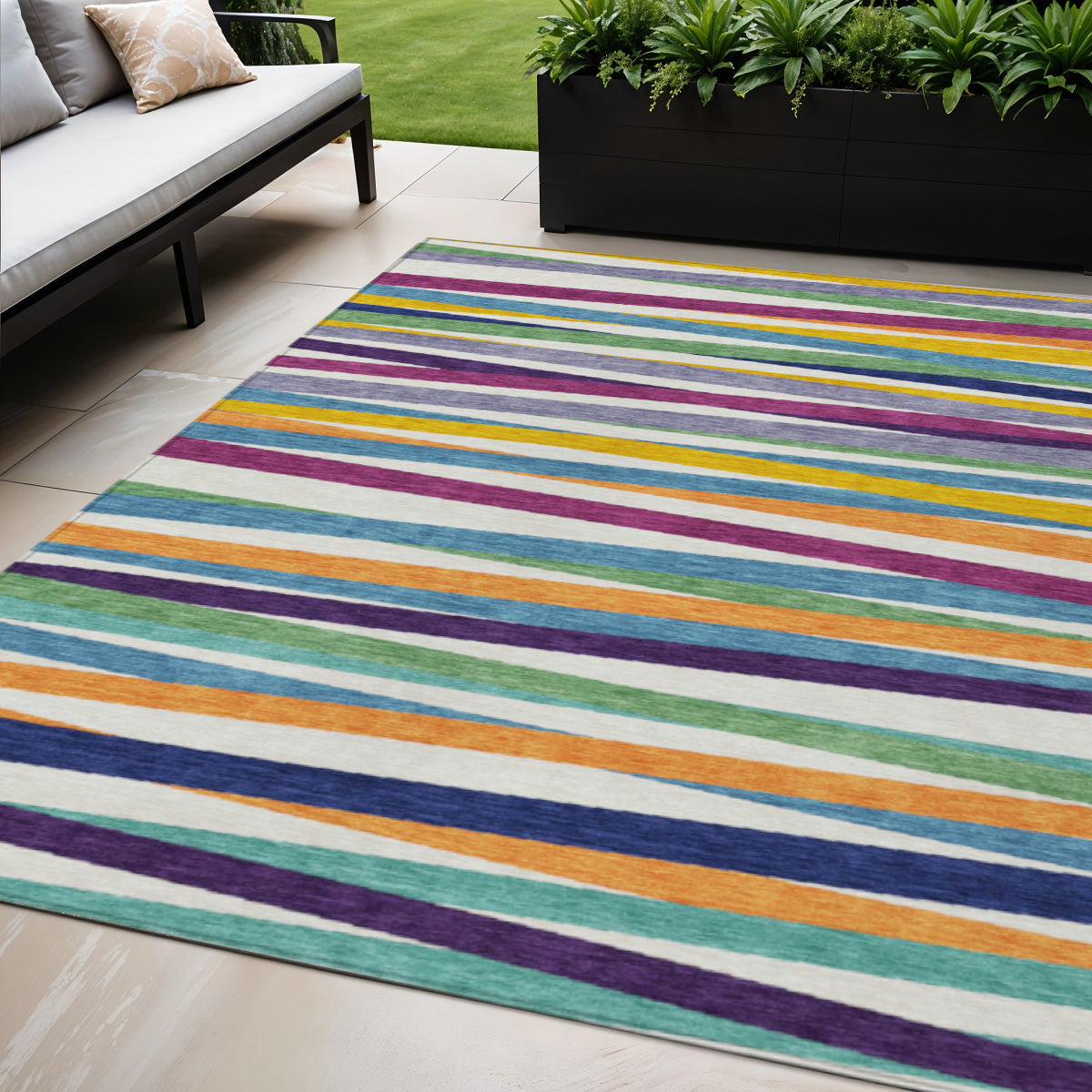 5 X 8 Blue Striped Washable Indoor Outdoor Area Rug