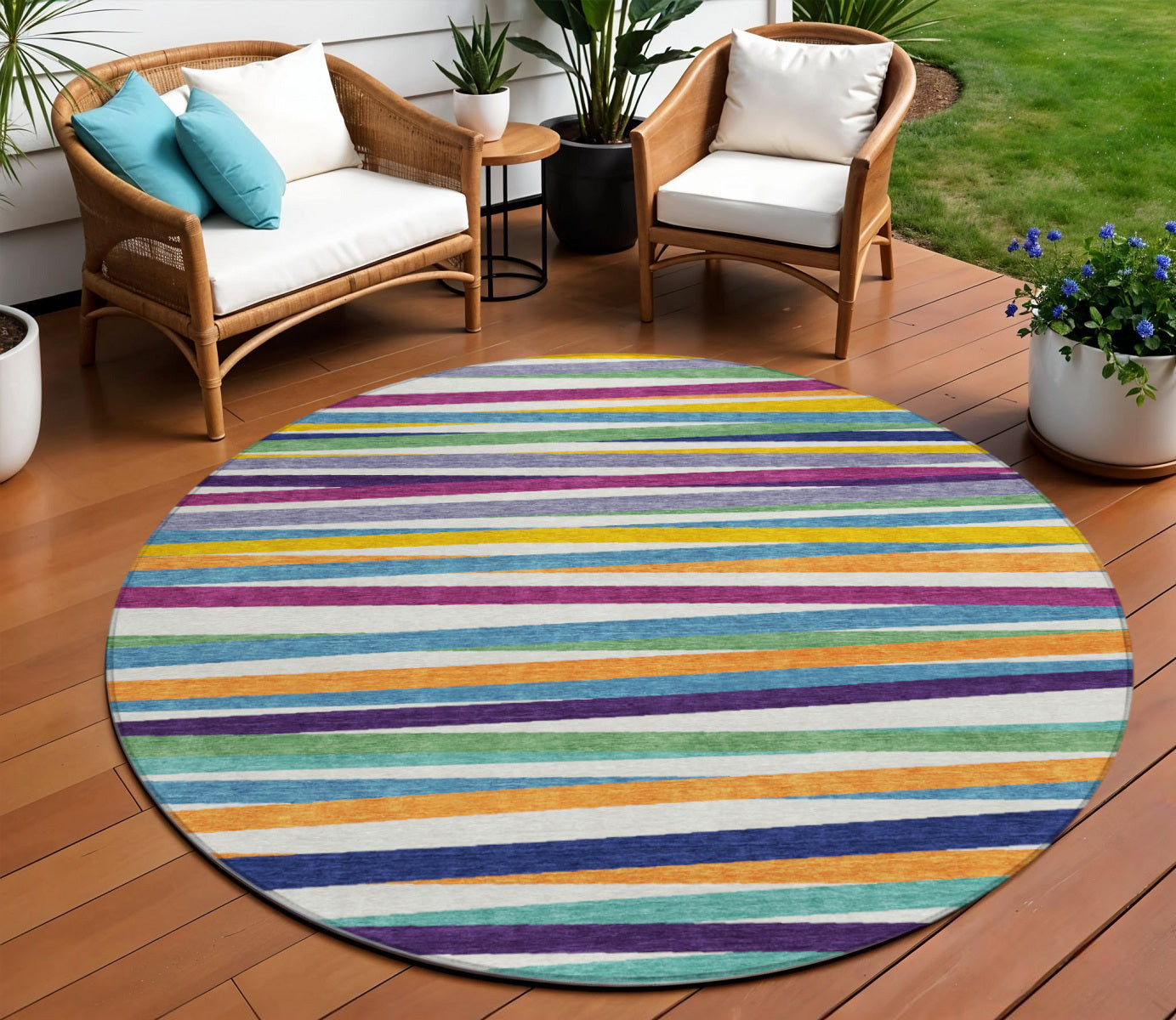 8 Blue Round Striped Washable Indoor Outdoor Area Rug