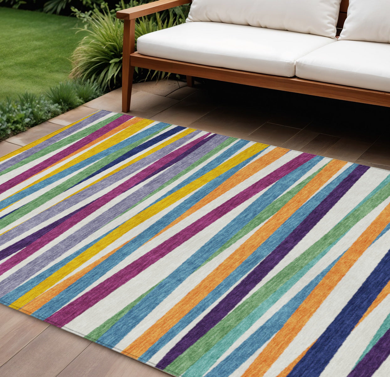 8 X 10 Blue Striped Washable Indoor Outdoor Area Rug