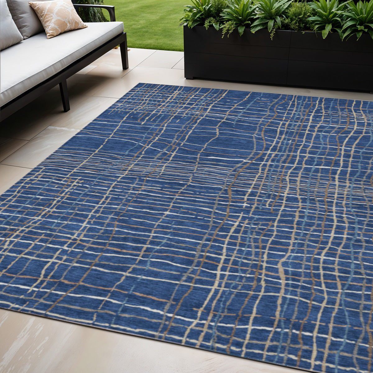 5 X 8 Navy Blue Gray And Brown Striped Washable Indoor Outdoor Area Rug