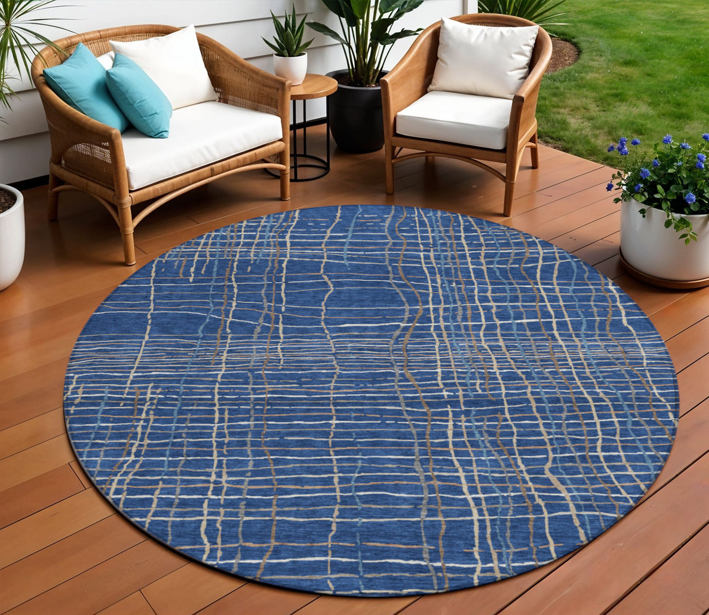 8 Navy Blue Gray And Brown Round Striped Washable Indoor Outdoor Area Rug