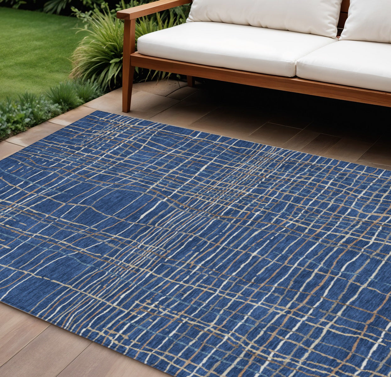 9 X 12 Navy Blue Gray And Brown Striped Washable Indoor Outdoor Area Rug