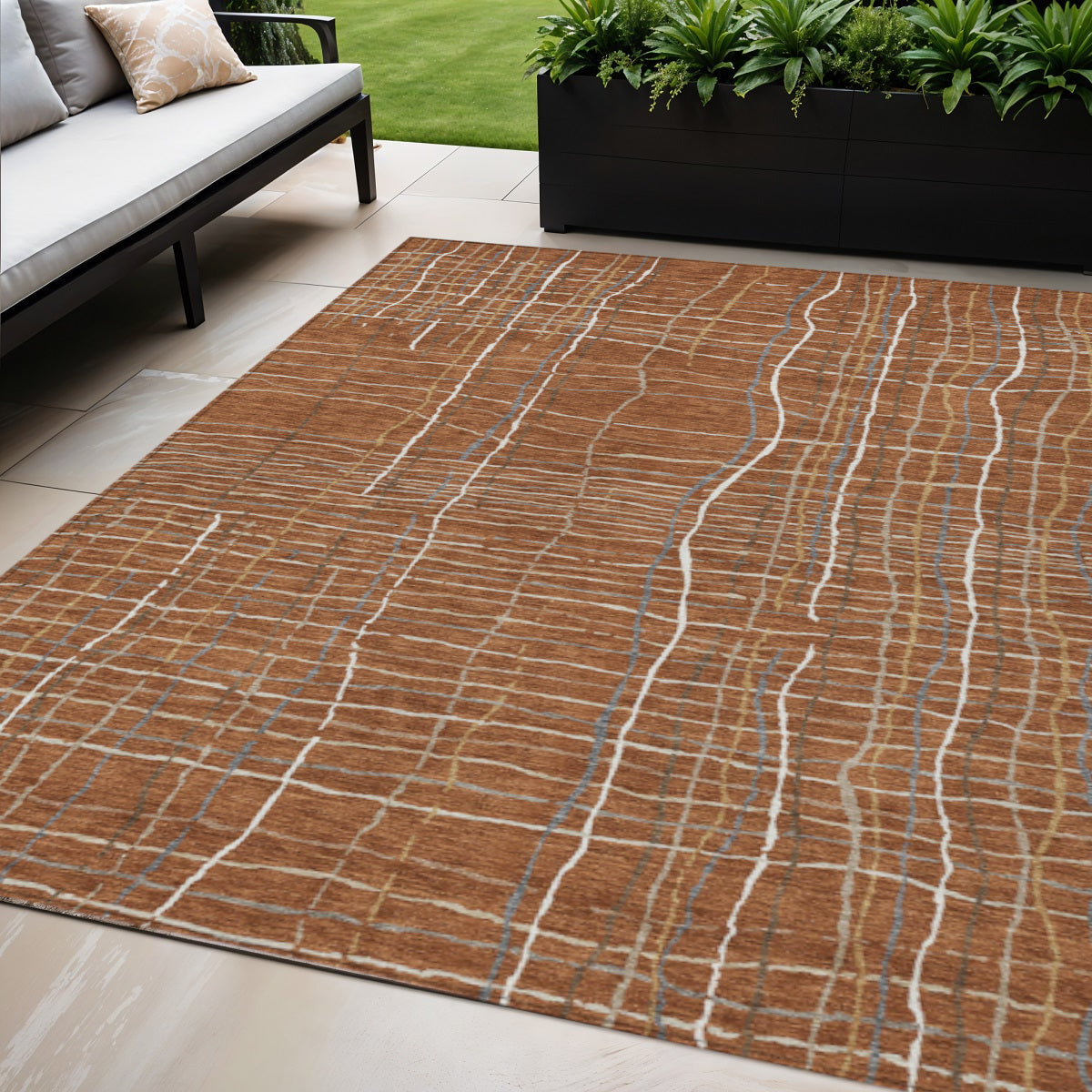 5 X 8 Brown Copper And Gray Striped Washable Indoor Outdoor Area Rug