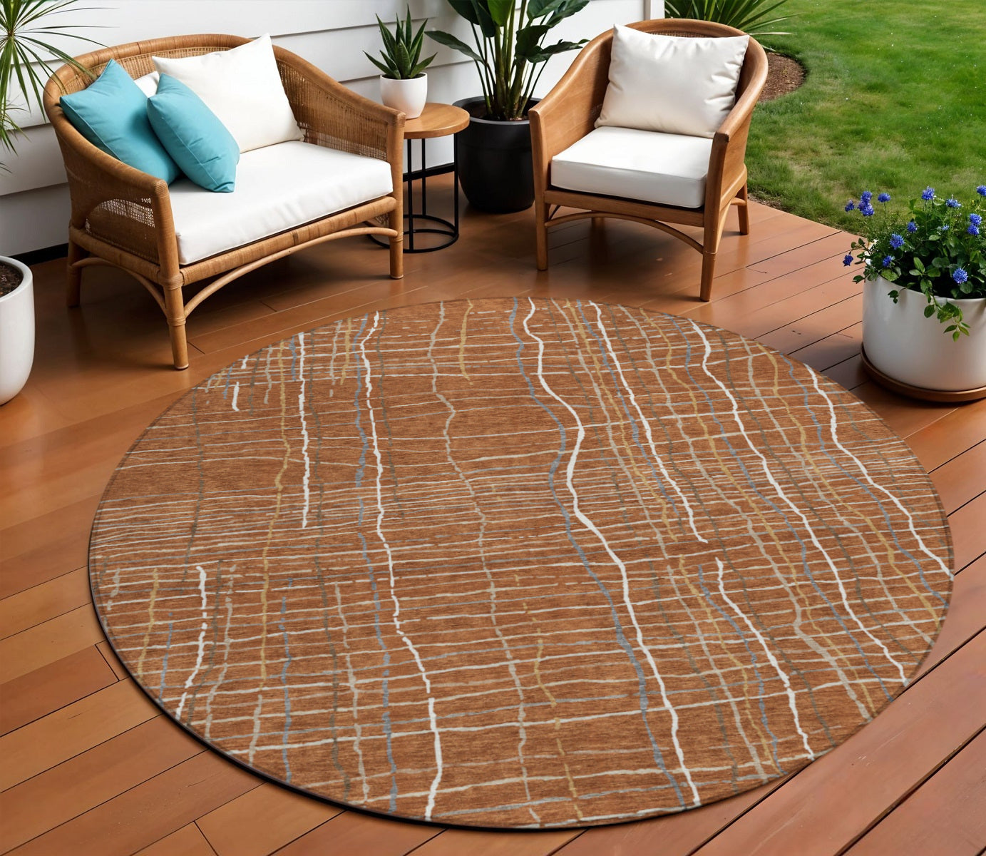 8 Brown Copper And Gray Round Striped Washable Indoor Outdoor Area Rug