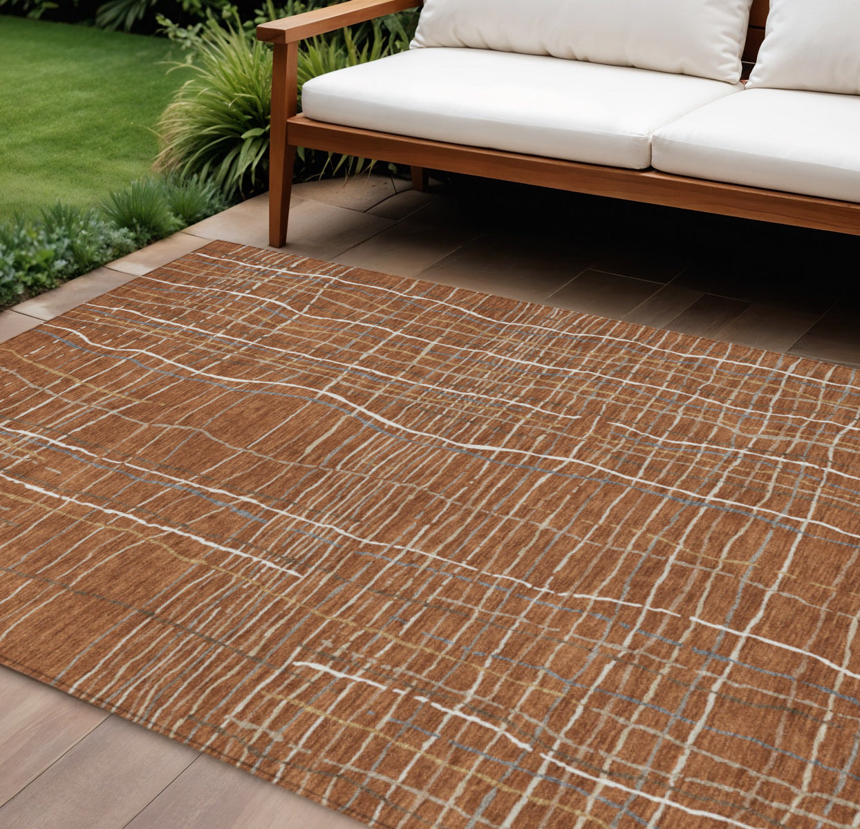 10 X 14 Brown Copper And Gray Striped Washable Indoor Outdoor Area Rug