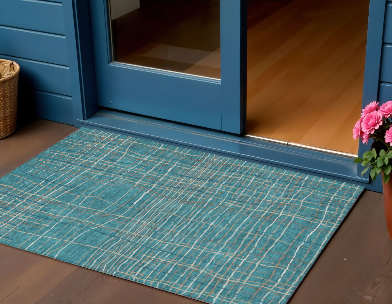 3 X 5 Teal Blue Gray And Brown Striped Washable Indoor Outdoor Area Rug