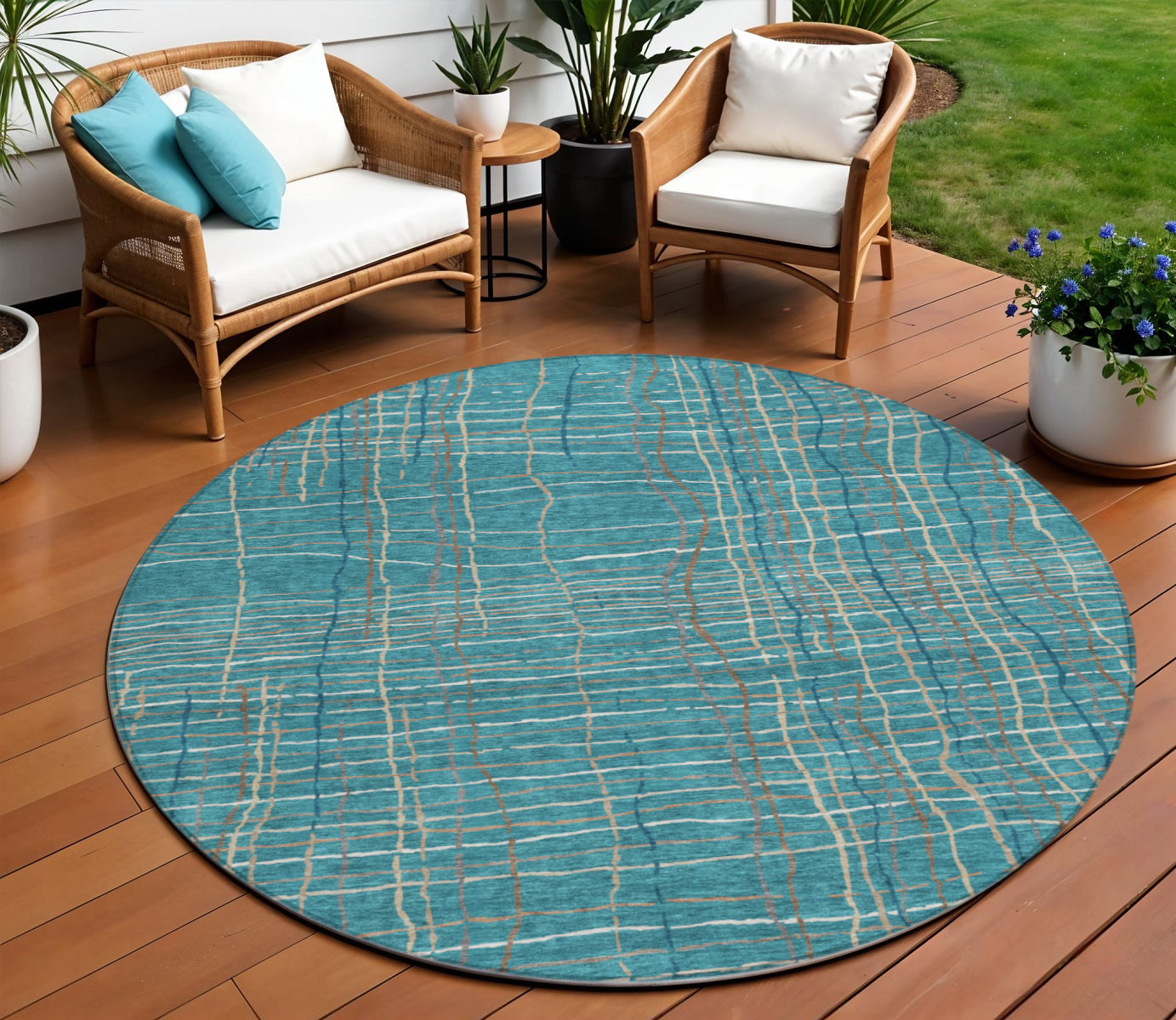 8 Teal Blue Gray And Brown Round Striped Washable Indoor Outdoor Area Rug