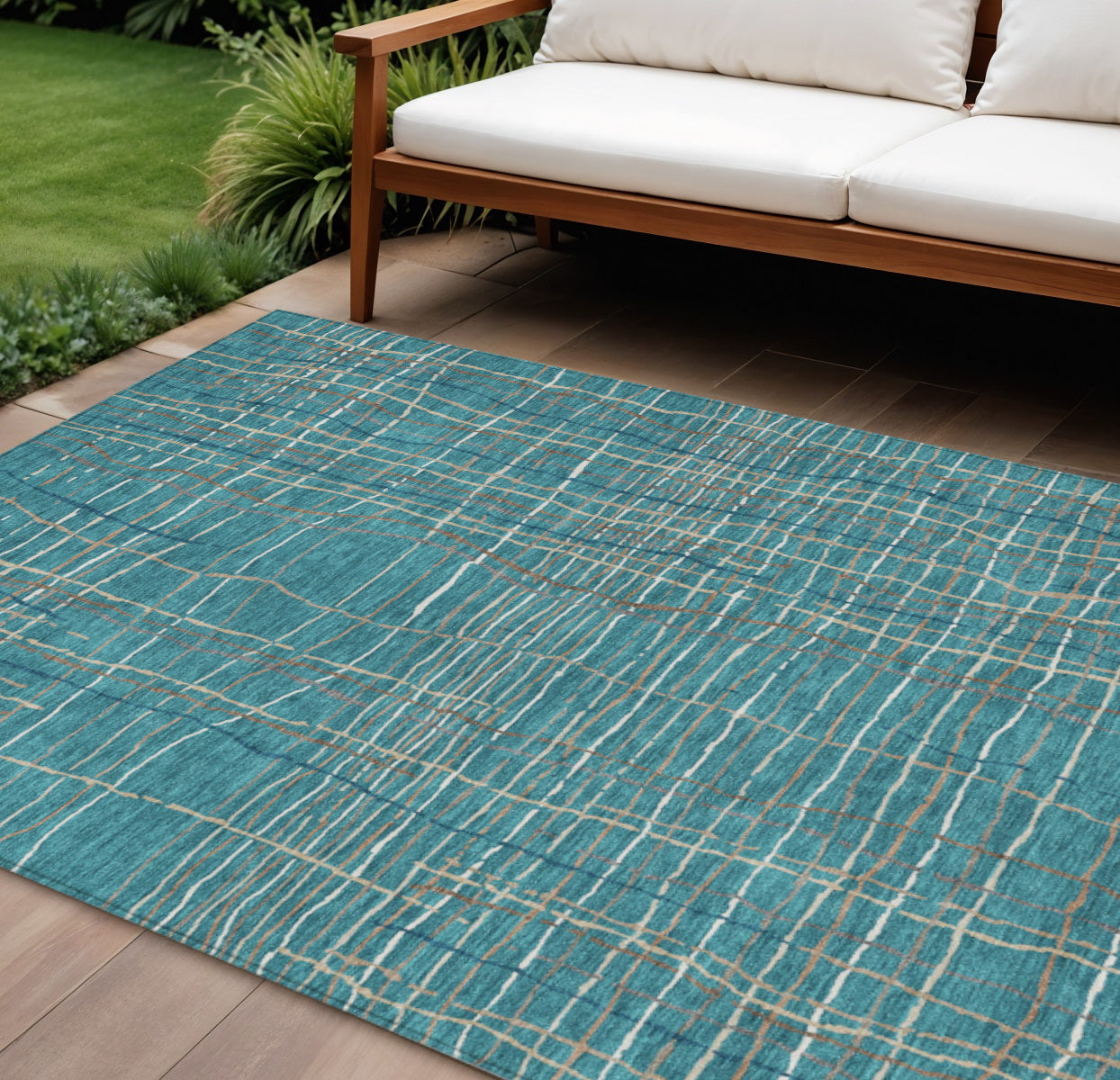 9 X 12 Teal Blue Gray And Brown Striped Washable Indoor Outdoor Area Rug