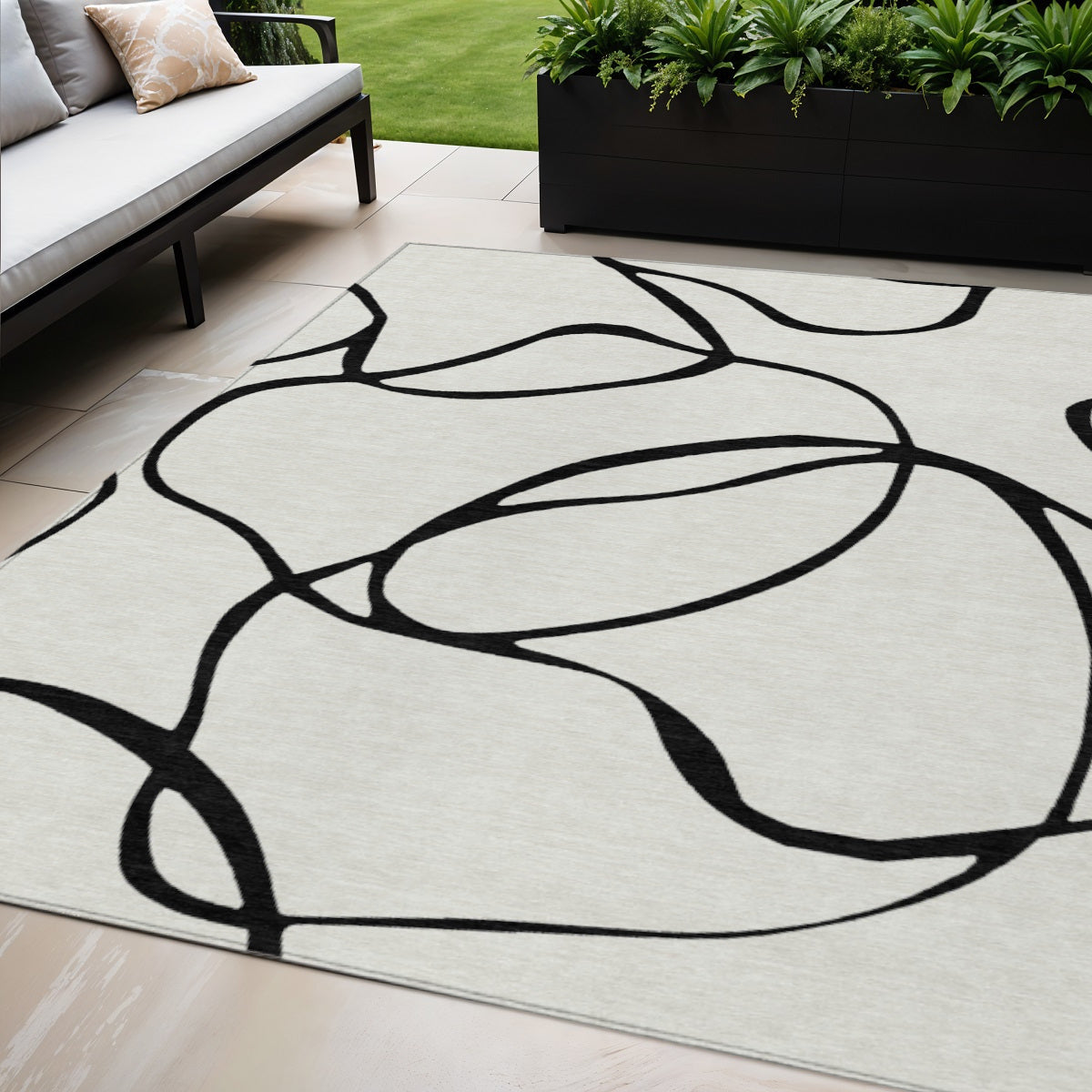 5 X 8 White And Black Abstract Washable Indoor Outdoor Area Rug