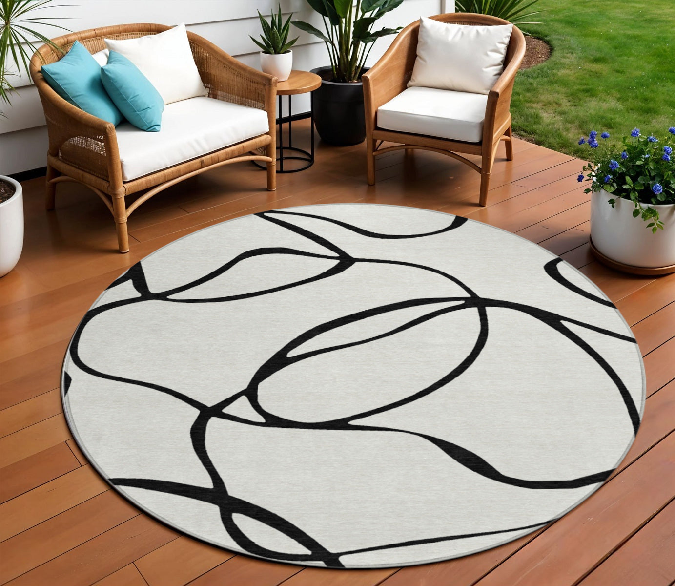 8 White And Black Round Abstract Washable Indoor Outdoor Area Rug