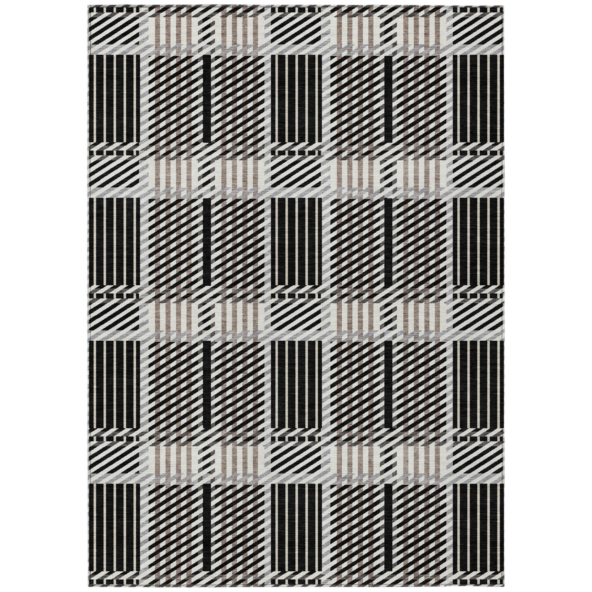 5 X 8 Black Gray And Brown Plaid Washable Indoor Outdoor Area Rug