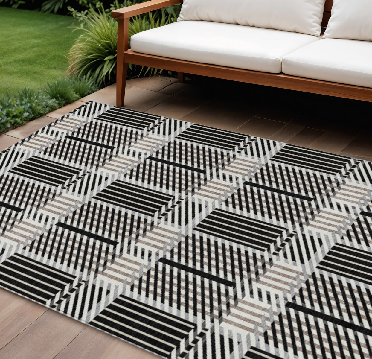 8 X 10 Black Gray And Brown Plaid Washable Indoor Outdoor Area Rug