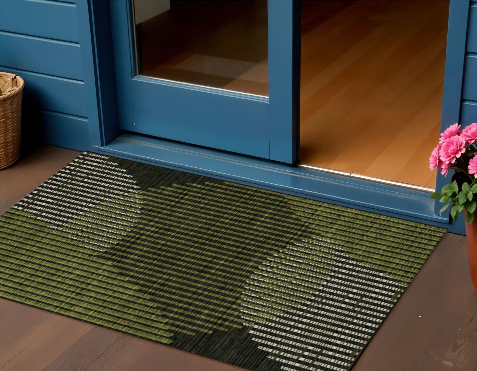 3 X 5 Olive Green And Black Geometric Washable Indoor Outdoor Area Rug