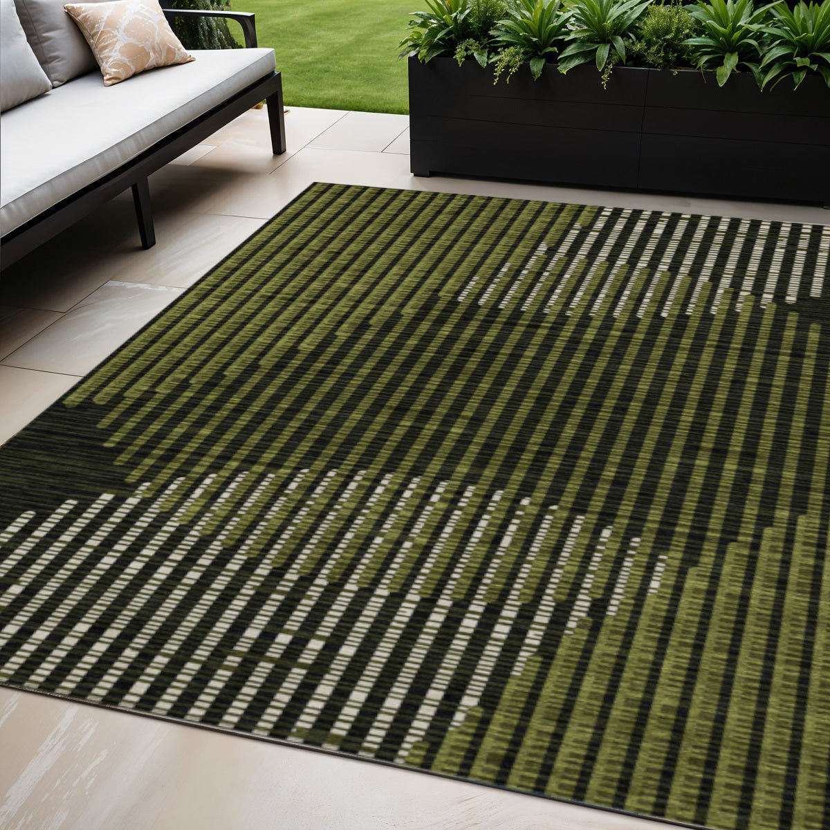 5 X 8 Olive Green And Black Geometric Washable Indoor Outdoor Area Rug
