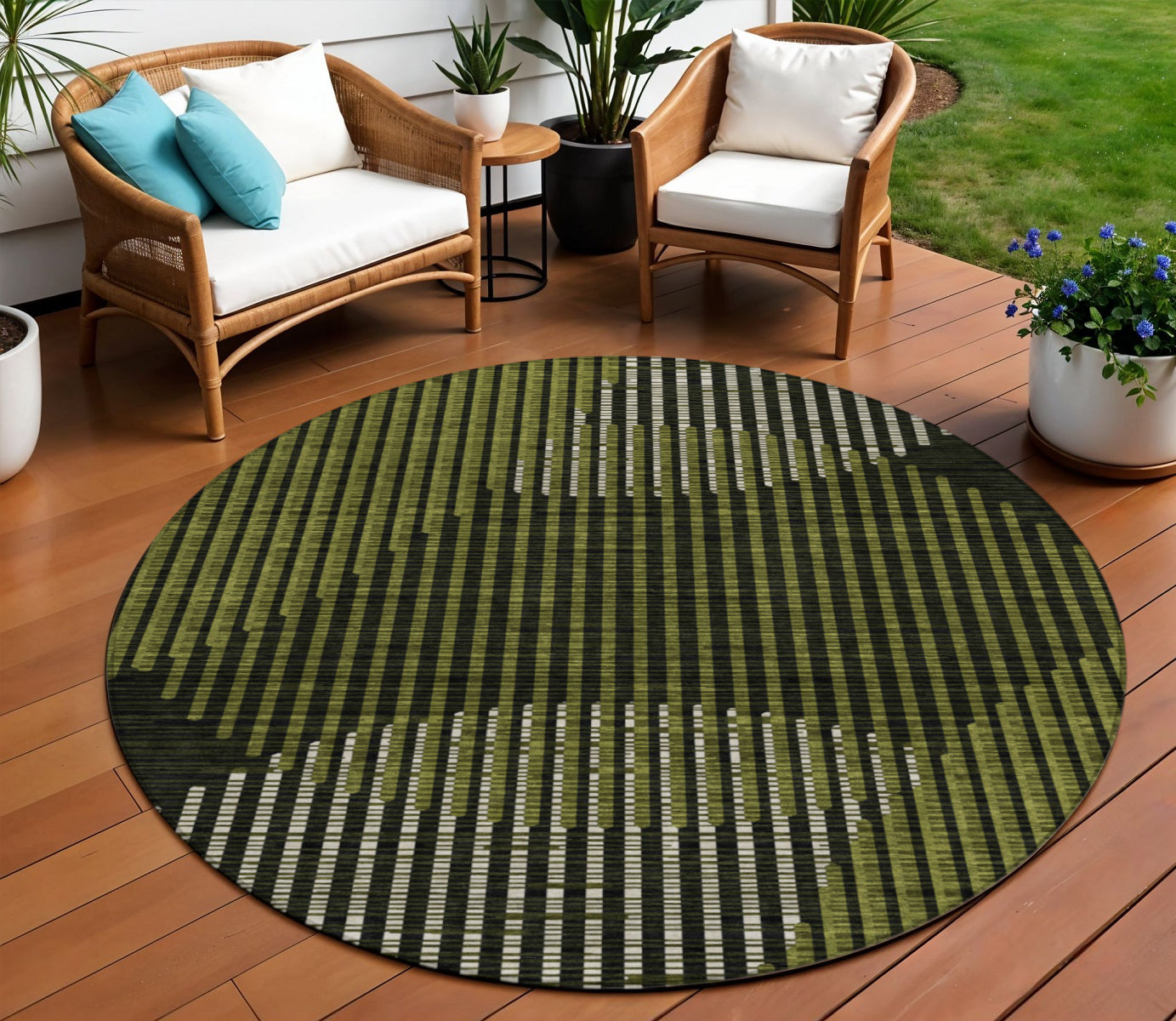 8 Olive Green And Black Round Geometric Washable Indoor Outdoor Area Rug