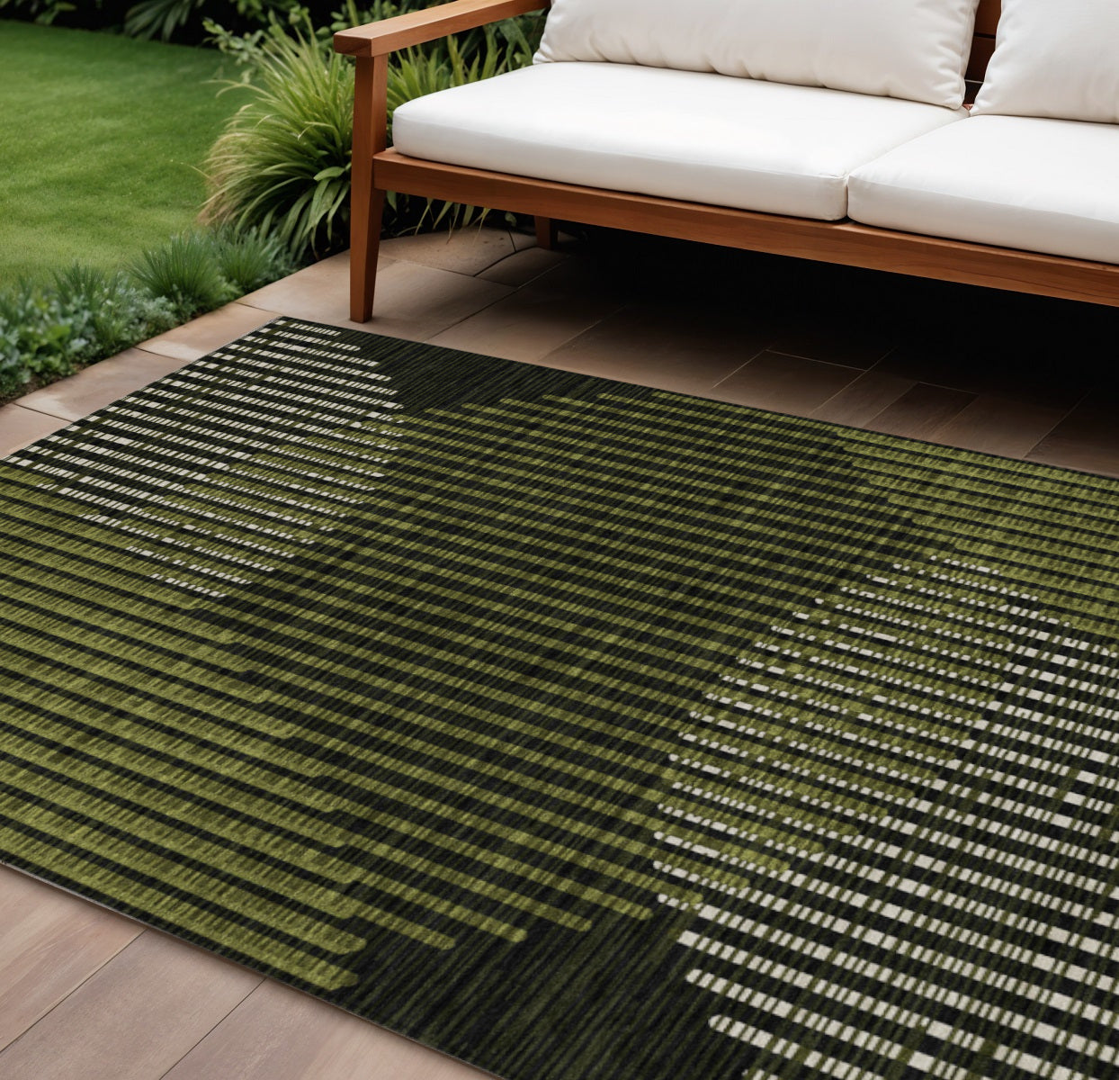 10 X 14 Olive Green And Black Geometric Washable Indoor Outdoor Area Rug