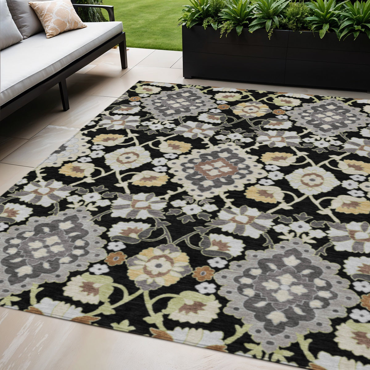 5 X 8 Black Gray And Brown Oriental Washable Indoor Outdoor Area Rug