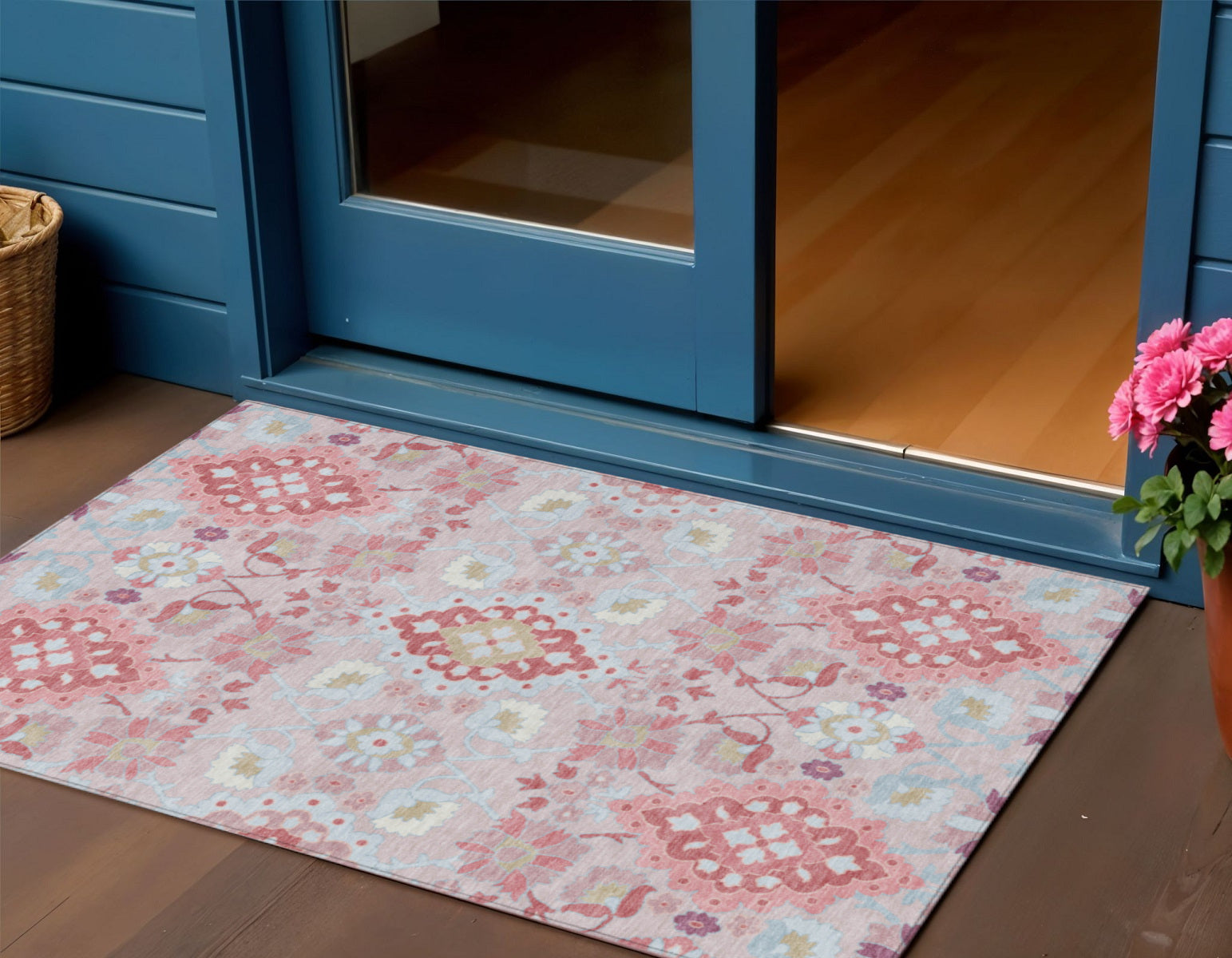 3 X 5 Blush Sky Blue And Brown Oriental Washable Indoor Outdoor Area Rug