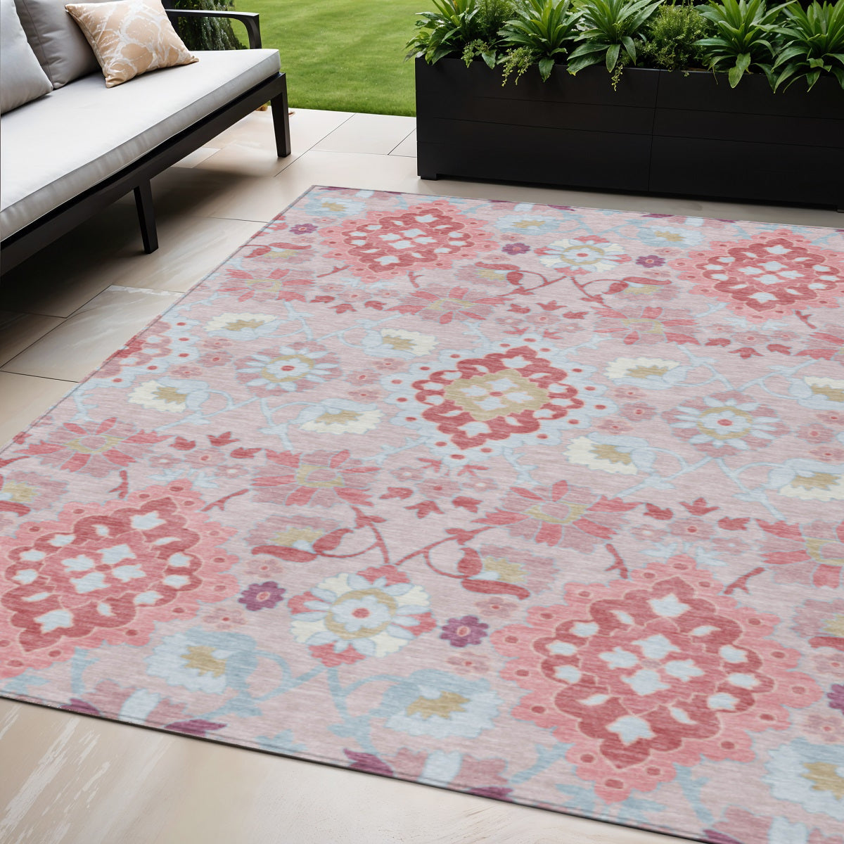 5 X 8 Blush Sky Blue And Brown Oriental Washable Indoor Outdoor Area Rug