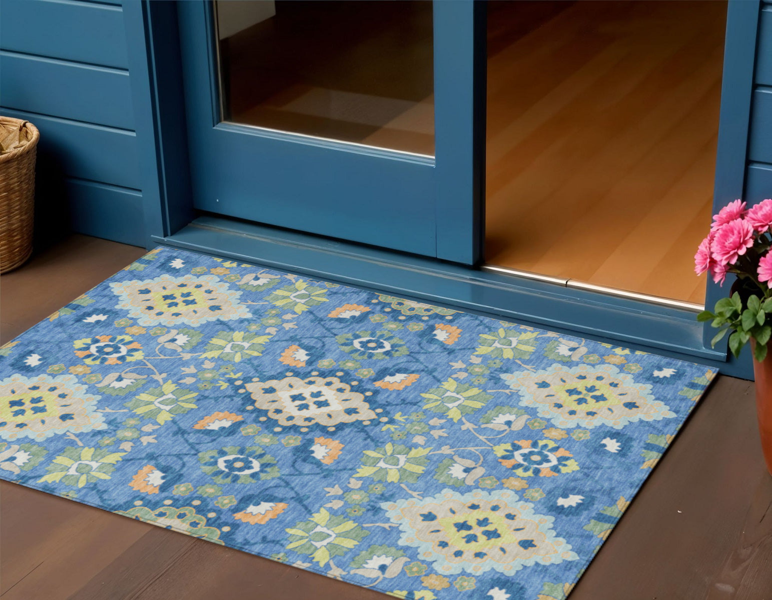 3 X 5 Blue Green And Orange Oriental Washable Indoor Outdoor Area Rug