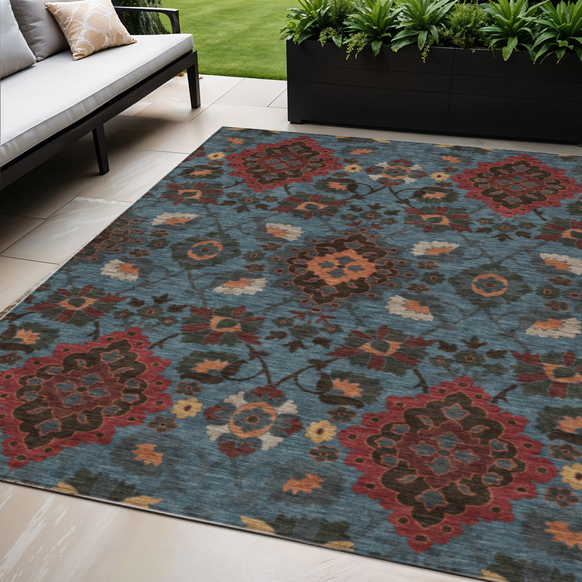 5 X 8 Denim Blue Brick Red And Brown Oriental Washable Indoor Outdoor Area Rug