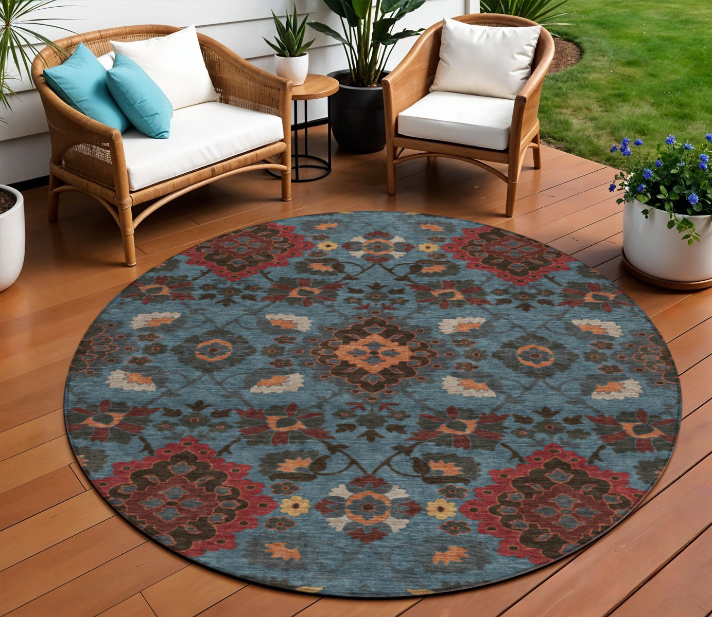 8 Denim Blue Brick Red And Brown Round Oriental Washable Indoor Outdoor Area Rug