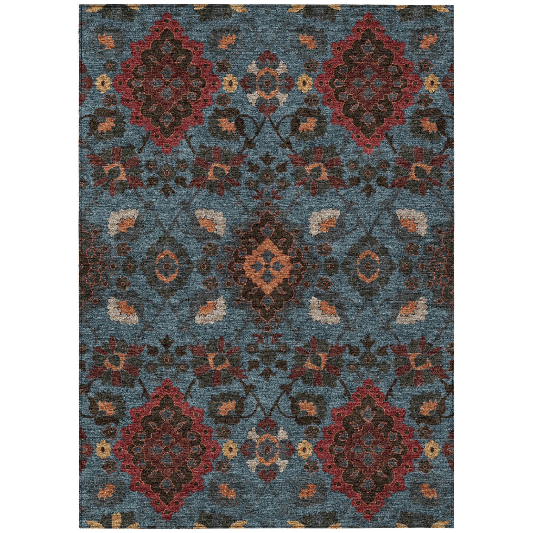 8 X 10 Denim Blue Brick Red And Brown Oriental Washable Indoor Outdoor Area Rug