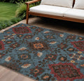 10 X 14 Denim Blue Brick Red And Brown Oriental Washable Indoor Outdoor Area Rug
